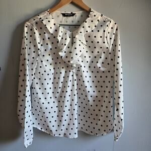 Allegra K. White and Black Polka Dot Ruffle  Long Sleeve Blouse Top